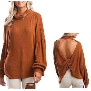 BKE Medium Mocha Bisque Ribbed Mock Neck Open Twist Back Balloon Sleeve Top